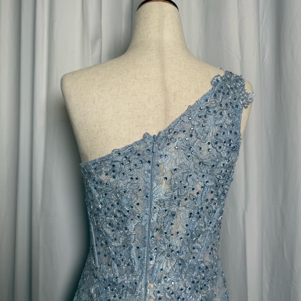Mac Duggal One Shoulder Lace Beaded Dress Blue Corset Formal Prom Size 4 - Picture 10 of 16